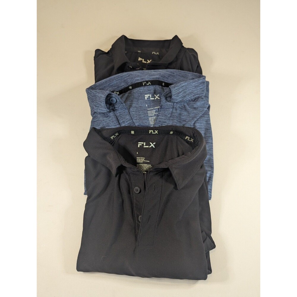 Lot 3 FLX Mens Polo Shirts Large L Short Sleeve Tech Stretch Performance Casual